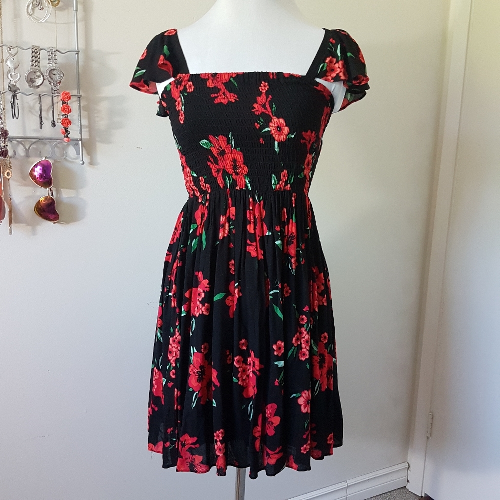 Lulu's Black Floral Print Skater Dress